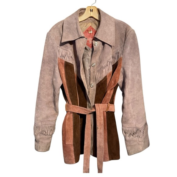 Vintage KMart Genuine Suede Leather Belted‎ Jacket with Fringe - Picture 1 of 6